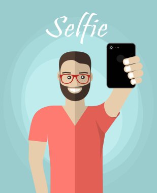 Mutlu genç bir iş adamı, zafer jesti yaparak özçekim yapıyor, Vector düz tasarım çizimi yapıyor. Dikey yerleşim.