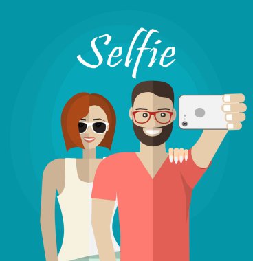 Mutlu çift selfie çekiyor. Modern düz tasarım.