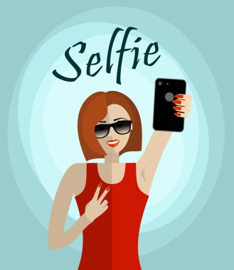 Mutlu genç bir kadın zafer jesti yaparak selfie çekiyor, Vector düz tasarım çizimi yapıyor. Dikey yerleşim.