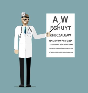 Doktor karakteri - optometrist görsel keskinliği test etmek için tabloyu işaret ediyor