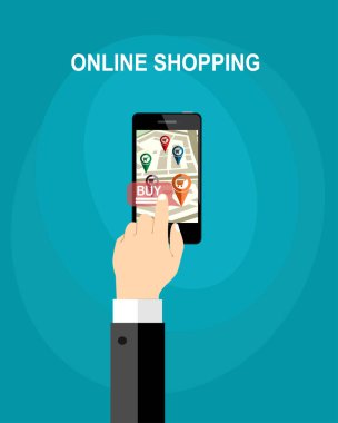 Üstünde hareket eden telefon - cep telefonu ile tutan adam online alışveriş sepeti düğmesini, düz tasarlamak için Ekle