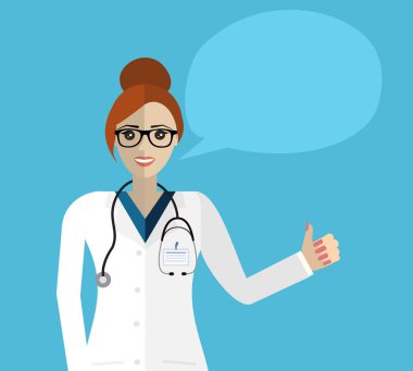 Steteskoplu ve konuşma balonlu bir tıp adamı.