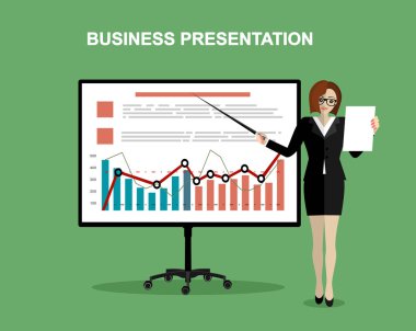 Bir kadın iş sunumu yapıyor. Modern düz tasarım Vektör illüstrasyonu