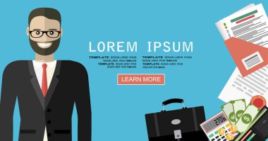 Gülümseyen iş adamı. İş afişi konsepti. Web pankartları, web siteleri, basılı materyaller, bilgi grafikleri için modern düz tasarım kavramı.