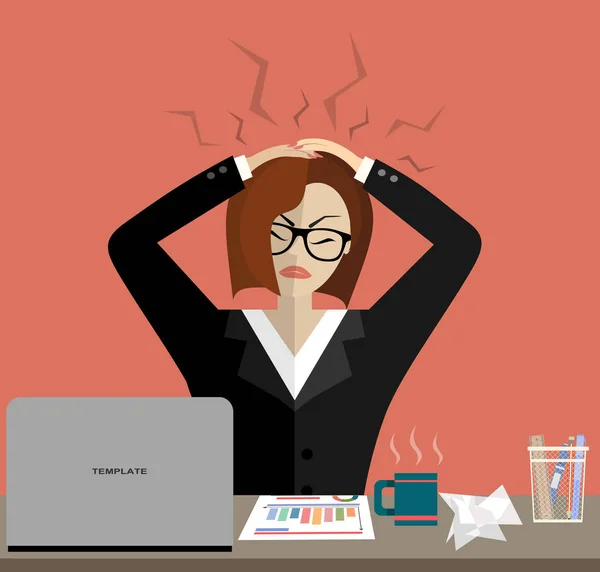 Stres Pracovním Konceptu Ploché Ilustrace Vystresované Ženy Obleku Brýlemi Kanceláři — Stockový vektor