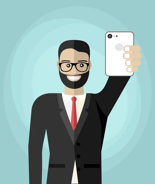 Ein Glücklicher Junger Geschäftsmann Macht Selfie Zeigt Siegergeste Vektor Flache — Stockvektor