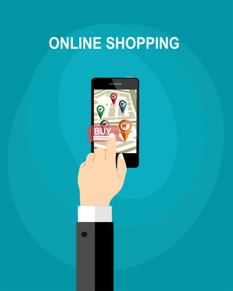 Online Shopping Auf Dem Handy Mann Hält Handy Mit Warenkorb — Stockvektor