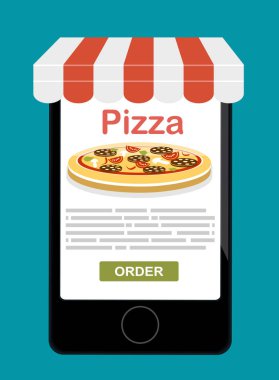 Ekranda pizza olan akıllı telefon. Fast food sipariş et. Düz vektör illüstrasyonu.