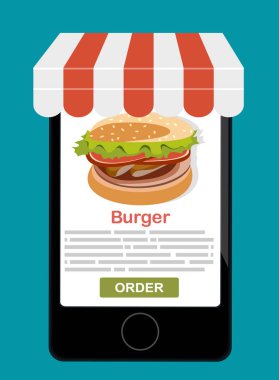 Ekranda hamburgerli akıllı telefon. Fast food sipariş et. Düz vektör illüstrasyonu.
