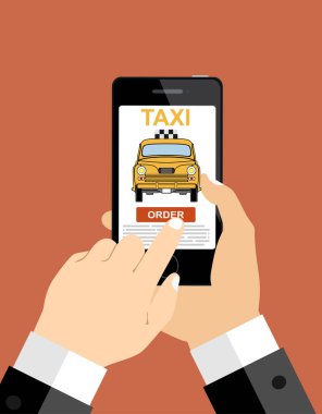 Taksi rezervasyonu için mobil uygulamalı akıllı telefon insan eliyle tutulur. Vektör düz resimleme