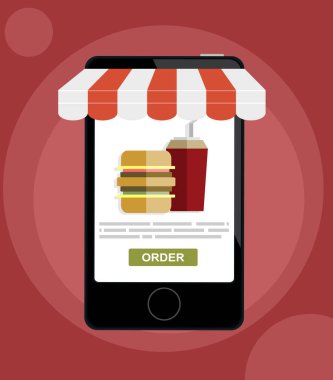 Ekranda hamburgerli akıllı telefon. Fast food sipariş et. Düz vektör illüstrasyonu.