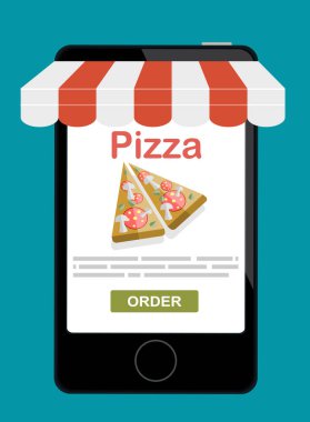 Ekranda pizza olan akıllı telefon. Fast food sipariş et. Düz vektör illüstrasyonu.