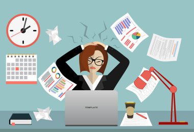 İş konseptindeki stres düz çizim. Masada, takım elbiseli, gözlüklü kadınları strese sokuyordu. Web afişleri, web siteleri, basılı materyaller, bilgi grafikleri için modern tasarım. Düz vektör.
