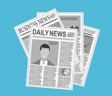 Mavi arka planda düz dizayn edilmiş gazete yığını simgesi. World News dergisi, kağıt yığını, günlük yığını, vektör illüstrasyonu