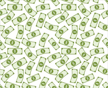 Para yeşil sorunsuz vektör desen. Beyaz arka plan üzerinde uçan para mezhebi. Zenginlik sembolü.