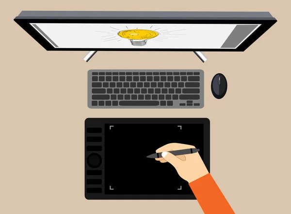 Hand Houden Van Digitale Pen Tekening Grafisch Tablet Platte Design — Stockvector