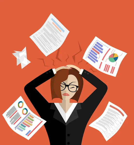 Stress Arbeitsplatz Konzept Flache Illustration Gestresste Frauen Anzug Mit Brille — Stockvektor