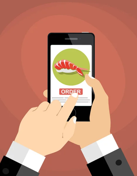 Ruka Držící Smartphone Sushi Obrazovce Objednávky Koncept Rychlého Občerstvení Plochá — Stockový vektor