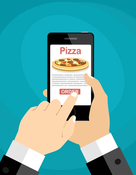 人間の手は ピザを注文するためのモバイルアプリでスマートフォンを保持しています ファーストフードのコンセプトを注文する 平面ベクトル図 — ストックベクタ