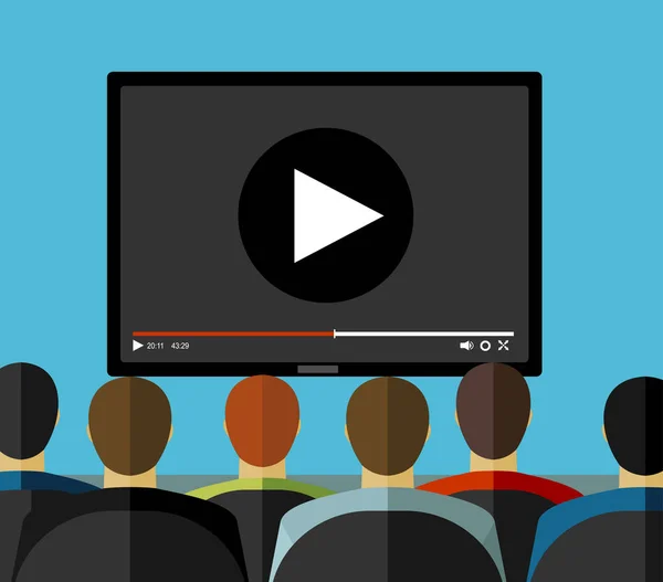 Oturan Insanlar Play Butonu Ile Büyük Siyah Ekran Sinema Video — Stok Vektör