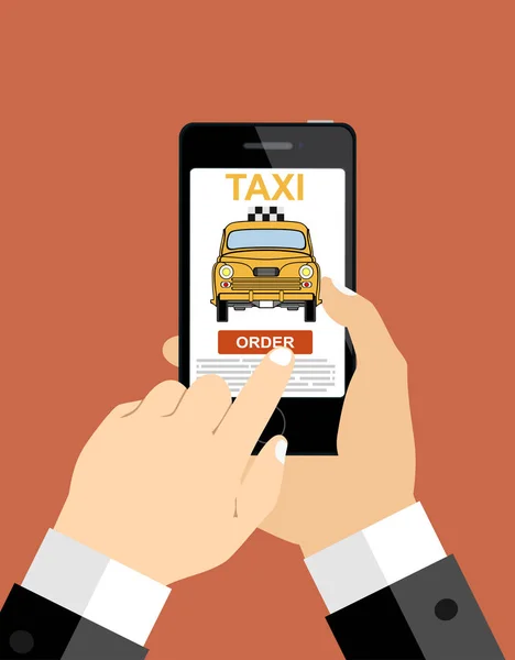 Lidská Ruka Drží Smartphone Mobilní Aplikací Pro Rezervaci Taxi Vektorová — Stockový vektor