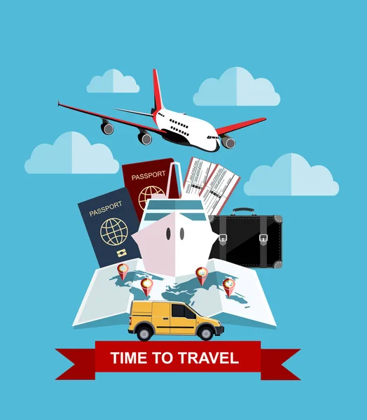 Koncepcja Podróży Turystyki Bilety Lotnicze Paszporty Walizki Podróżne Mapa Świata — Wektor stockowy