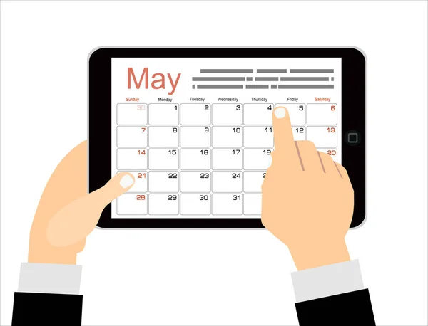 Cartoon Επιχειρηματίας Κλικ Στην Εφαρμογή Ημερολογίου Ημέρας Έναν Υπολογιστή Tablet — Διανυσματικό Αρχείο