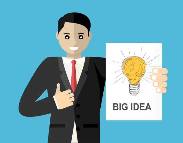 ビジネスマンは大きなアイデアを手にプラカードを保持します 大きなアイデア マーケティング ブレインストーミング ビジネス 企業戦略 プロジェクト管理のためのフラットデザインイラストの概念 — ストックベクタ