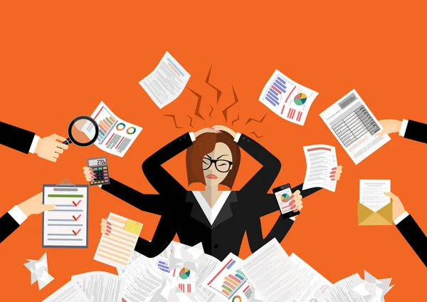 Stressed cartoon business woman in pile of office papers and documents.  Stress at work. Overworked. Vector illustration in flat design - Stock  Image - Everypixel