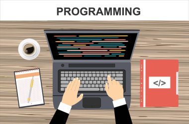 Programlama ve kodlama. Çalışırken dizüstü bilgisayar için programcı. Vektör illüstrasyonu.