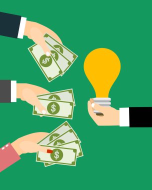 Ellerini tutar para, el ampul almıştır. Fikir, yenilik, modern teknoloji iş kavramı yatırım satın. Modern düz tasarım grafik