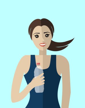 Sportif spor kıyafetleri içinde duran, elinde su şişesi ve vektör illüstrasyonuyla gülümseyen çizgi film kadın modeli.