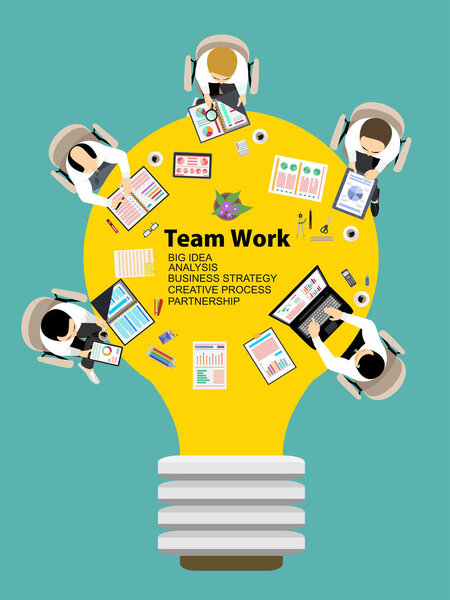 Vector Businessman brainstorming ideas. Notebook computers, mobile tablet pen, pencil, diary, files and cup of coffee flat design