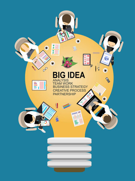 Vector Businessman brainstorming ideas. Notebook computers, mobile tablet pen, pencil, diary, files and cup of coffee flat design