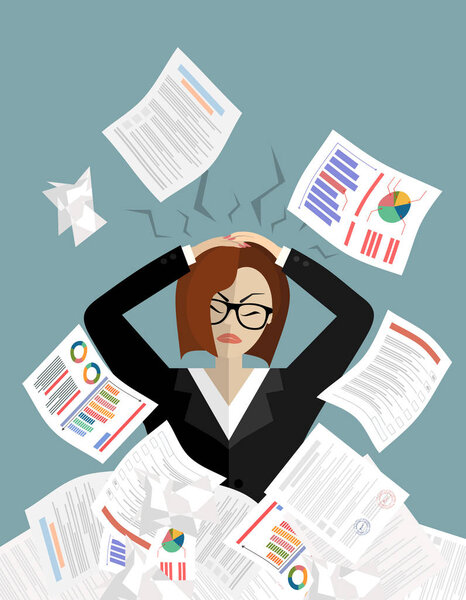 Stressed cartoon business woman in pile of office papers and documents. Stress at work. Overworked. Vector illustration in flat design.