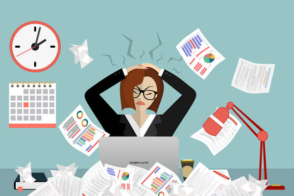Stress at work concept flat illustration. Stressed out women in suit with glasses, in office at the desk. Modern design for web banners, web sites, printed materials, infographics. Flat vector.