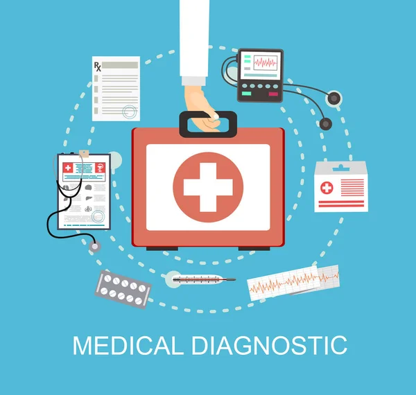 Botiquín Primeros Auxilios Mediacal Con Diferentes Píldoras Dispositivos Médicos Tarjeta — Vector de stock