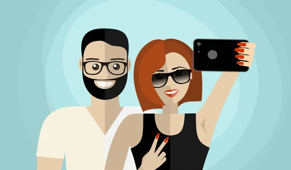 Pareja Feliz Haciendo Selfie Humor Romántico Elegantes Gafas Sol Feliz — Archivo Imágenes Vectoriales