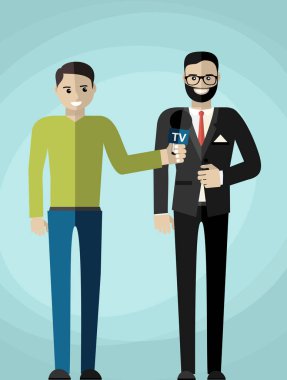 Muhabir, bir iş adamı ya da politikacıyla röportaj yapıyor. Vektör düz resimleme.