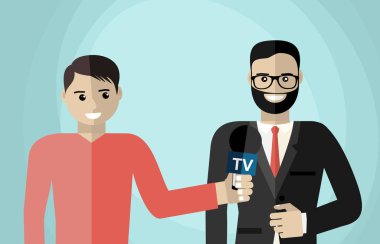 Muhabir, bir iş adamı ya da politikacıyla röportaj yapıyor. Vektör düz resimleme.