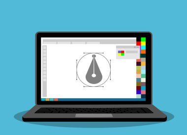 Baskı ve grafik tasarım konsepti. dizüstü bilgisayarda dizayn programı.
