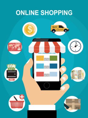 Online alışveriş kavramı. El tutma smartphone. Icons set. Düz vektör çizim.