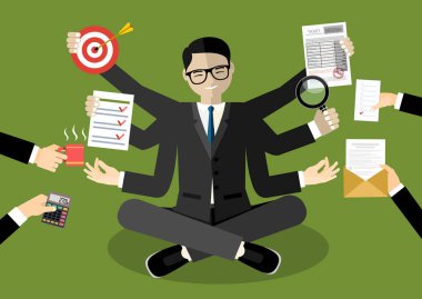 Etrafı ofis eşyalarıyla çevrili bir iş adamı. Çoklu görev ve zaman yönetimi kavramı. Vektör düz tasarım çizimi. Kare yerleşimi.
