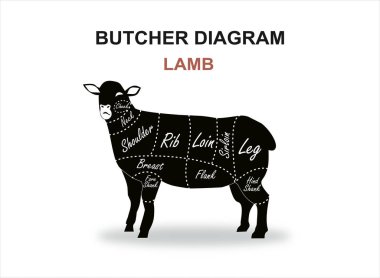 Biftek dilimi. Poster Kasabı diyagramı ve şeması - Lamb. Vektör illüstrasyonu