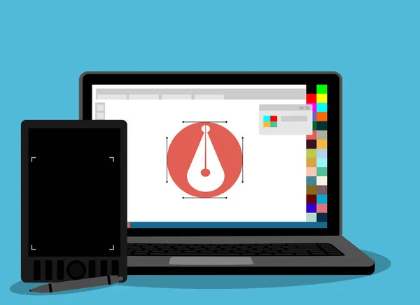 Drukkerij Grafisch Ontwerp Concept Ontwerpprogramma Laptop Tablet — Stockvector