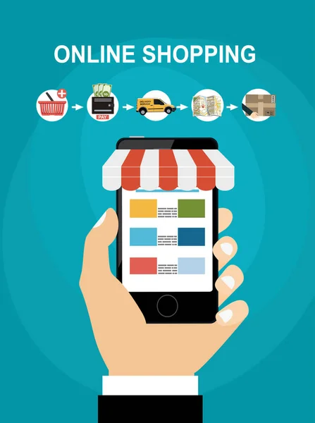 Online Shopping Konzept Handhaltendes Smartphone Flache Vektorabbildung — Stockvektor