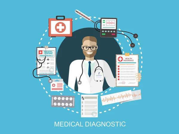 Medico Mostrando Diagnosi Con Icone Mediche Cerchio — Vettoriale Stock