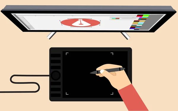 Hand Hålla Digital Penna Ritning Grafisk Tablett Platt Design Grafikelement — Stock vektor