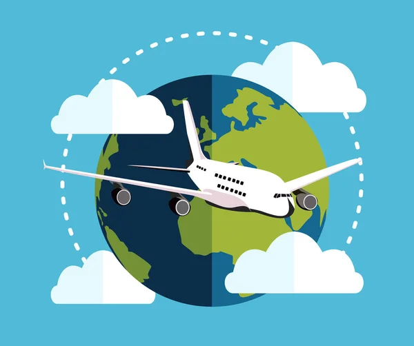 Flying Plane Earth Concept Traveling Plane International Flights Flat Vector — Stock Vector