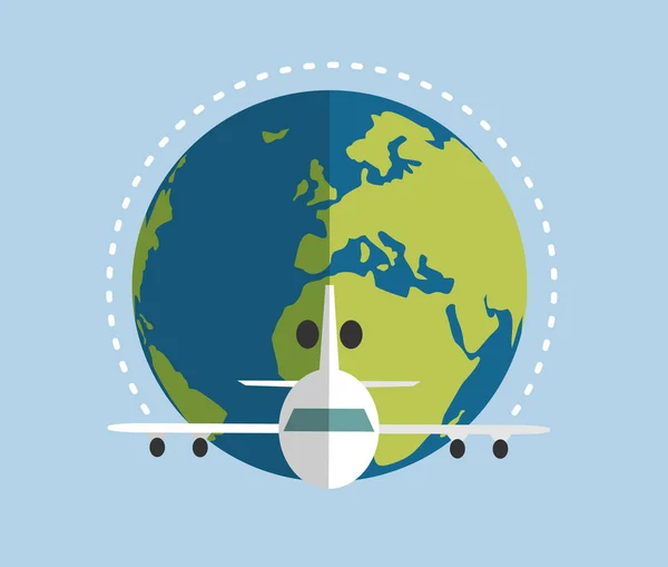 飛行機と地球 飛行機で旅行するための概念 国際線 平面ベクトル図 — ストックベクタ
